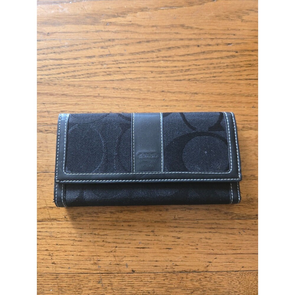 Vintage Coach Hampton Signature Jacquard and Leather Trifold Wallet in Black.